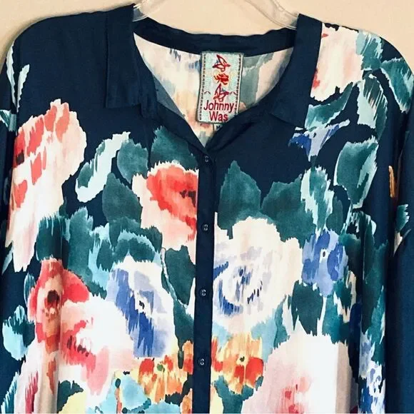 SOLD Johnny Was Malani 100% Silk Floral Print Long Kimono Tunic Navy Blue Size M - Picture 9 of 16